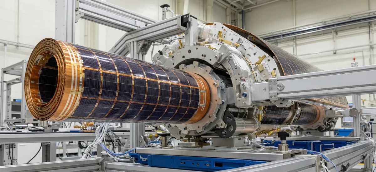Flexible solar wing on its test fixture